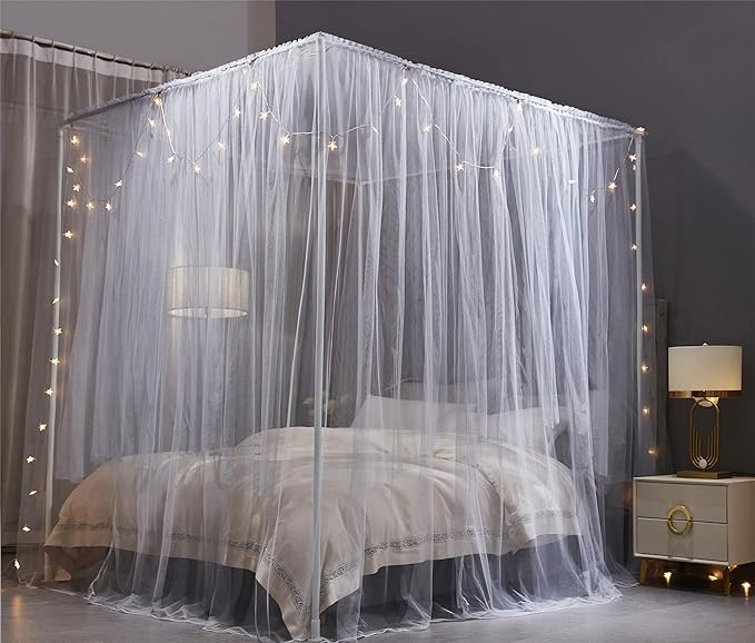 VETHIN 4 Corners Post Princess Bed Canopy Curtain Double Layer Cozy Drape Netting 4 Opening Mosquito Net for Girls & Adults Bedroom Decoration Accessories (Double Gray, 64" W*82" L*82"*H/(Queen))
