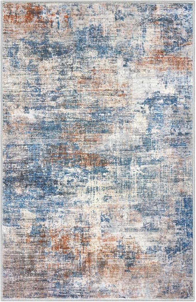 IOHOUZE Abstract Area Rugs 8x10 Ft Washable Large Rugs for Living Room, Non Slip Dining Room Rug, Printed Faux Wool Rugs for Bedroom, Floor Carpet for Office Nursery Playroom, Blue Rust