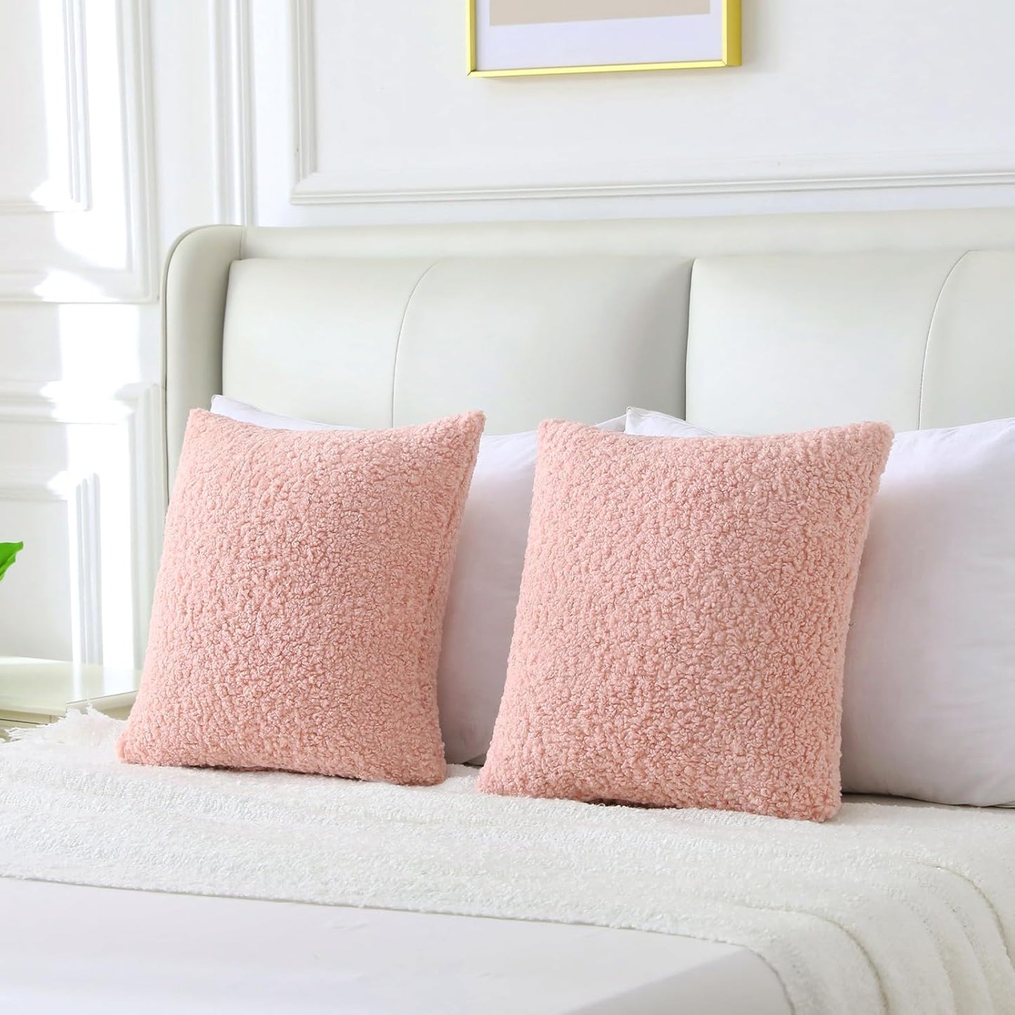 FUTEI Pink Throw Pillow Covers 22x22 Inch Set of 2,Furry Faux Fur Teddy Boucle Textured Cushion Covers,Soft Fluffy Decorative Pillow Case,Home Decor for Couch Bed Living Room Office Car