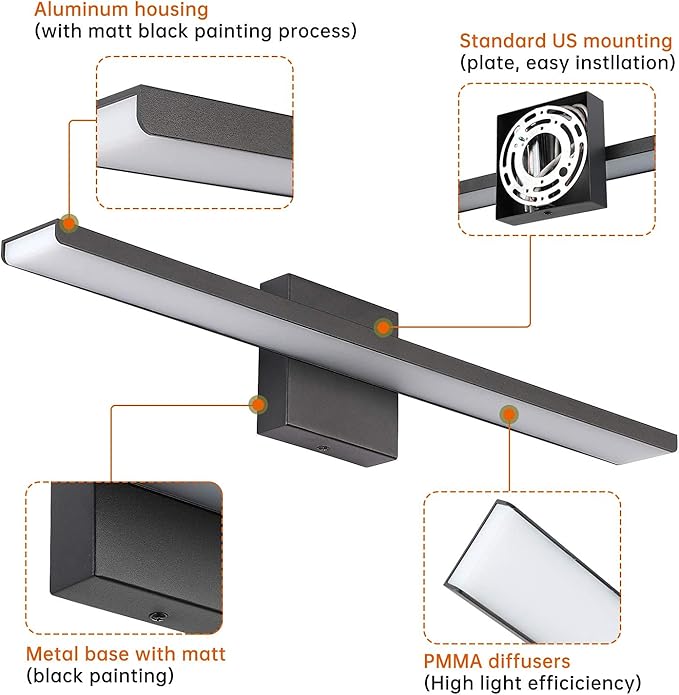 JUSHENG Black Bathroom Vanity Light Fixtures 24 Inch Modern LED Vanity Lighting Bathroom Lights Over Mirror Wall Sconce 24W 6000K Cool White