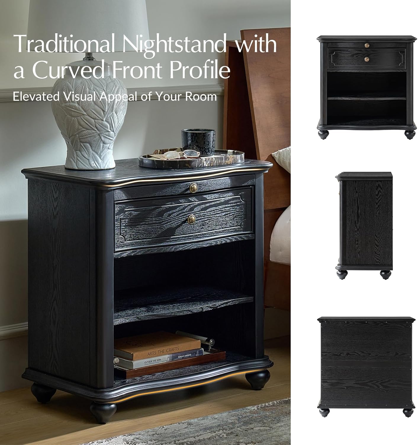 HULALA HOME Wooden Nightstand with Pull-Out Shelf, Mid Century Modern Nightstand with Solid Wood Drawers and Legs, Adjustable Storage, Black