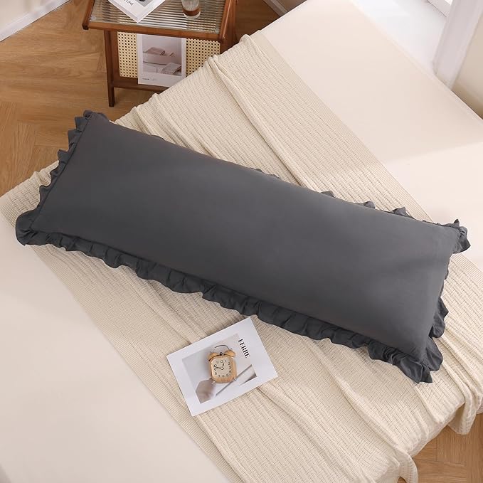 Merryword Dark Body Pillow Cover 20x54in, Reversible Long Pillowcase With Ruffled Edges, Cute Design (1 Body, Gray)