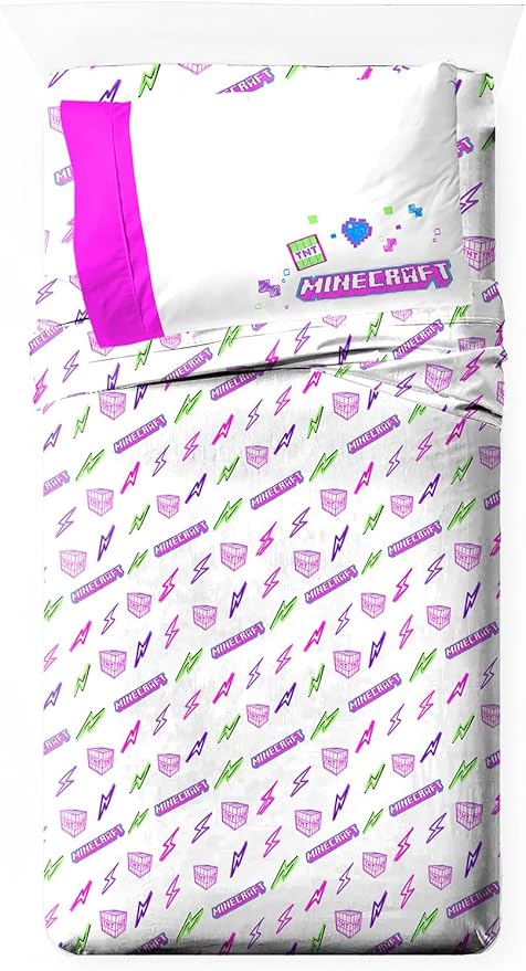 Jay Franco Kids Sheet Set with Fitted, Flat Sheets & Pillow Cover - Ultra-Soft Bedding with Pillowcase for Room Decor, Purple - Minecraft, 3 Piece Twin