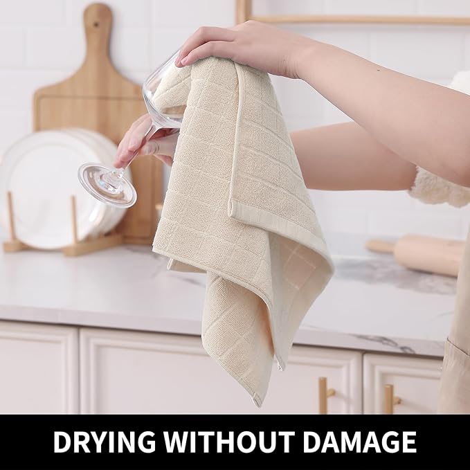 Homaxy 100% Cotton Terry Kitchen Towels(Beige, 13 x 28 inches), Checkered Designed, Soft and Super Absorbent Dish Towels, 8 Pack