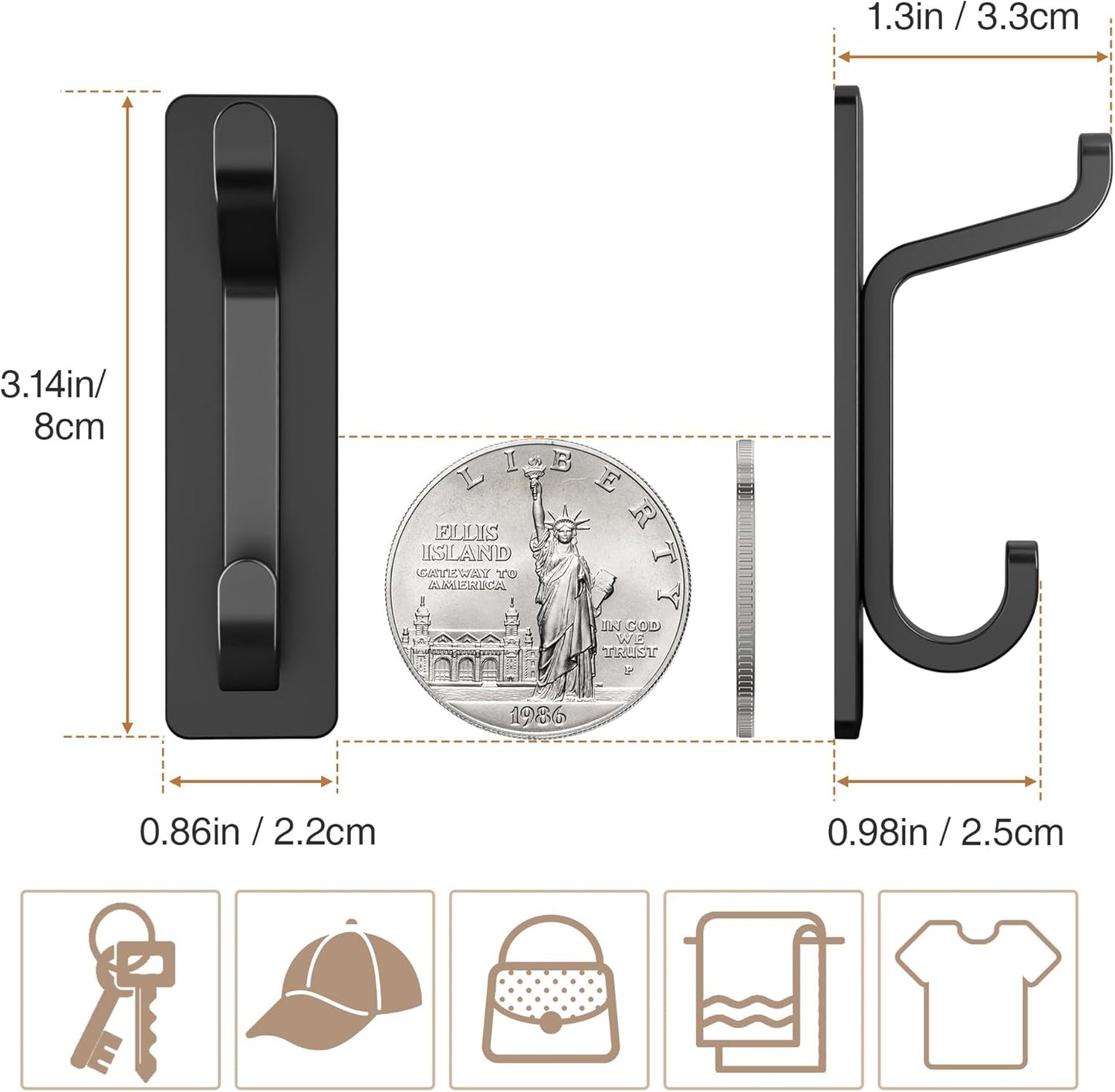Self Adhesive Wall Hooks for Hanging: Extra Strong 13 LB, Hook for Coat, Towel in Bathrooms, Shower, Kitchen, Wall, Door Hook, Black 12 Pack