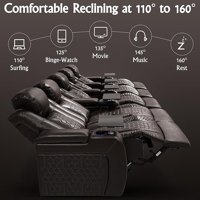 Home Theater Seating, Living Room, Heat & Massage, Powered Headrest, Powered Lumbar, Italian Leather, Powered Recline, Single Recliner (Coffee Color, Row of 5 Loveseat Left)