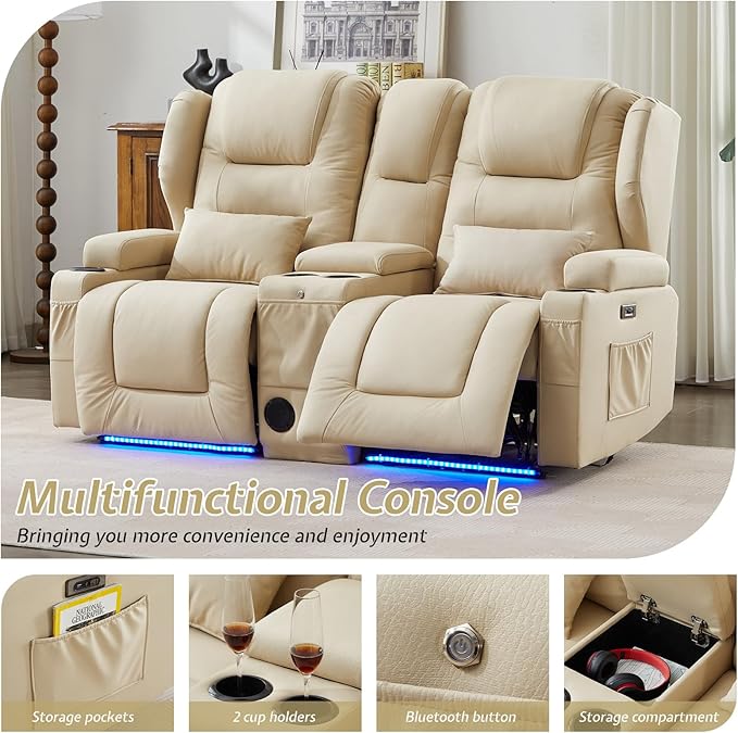 SAMERY Power Loveseat Recliner Sofa with Adjustable Split Back, USB Charging, Bluetooth Speakers & LED Lighting – Home Theater Seating with Storage, Cup Holders, Beige Fabric Loveseat Recliner