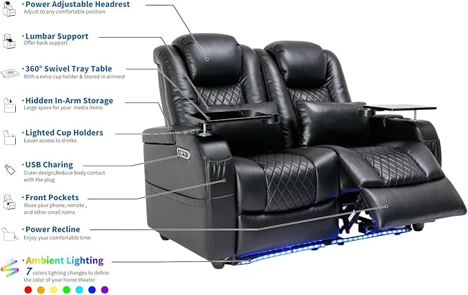Home Theater Seating Seats, Game Movie Theater Chairs Theater Recliner Sofa with 7 Colors Ambient Lighting, Lumbar Pillow, Side Pocket, Tray Table, Power Recline, Black