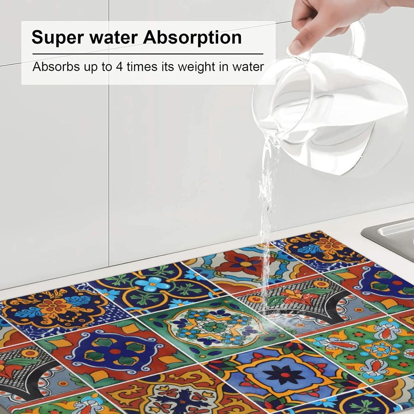 Talavera Mexican Tiles Dish Drying Mat For Kitchen Counter, Super Absorbent Microfiber Dish Drying Pad, Kitchen Gadgets For Easy Clean Multi-Use Large 18"x24"