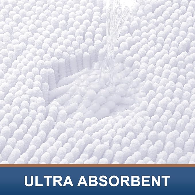 Smiry Luxury Chenille Bathroom Rugs 30x20, Extra Soft and Absorbent Shaggy Bath Mat, Machine Washable, Non-Slip Plush Carpet Runner for Tub, Shower, and Floor, Home Decor Accessories, White