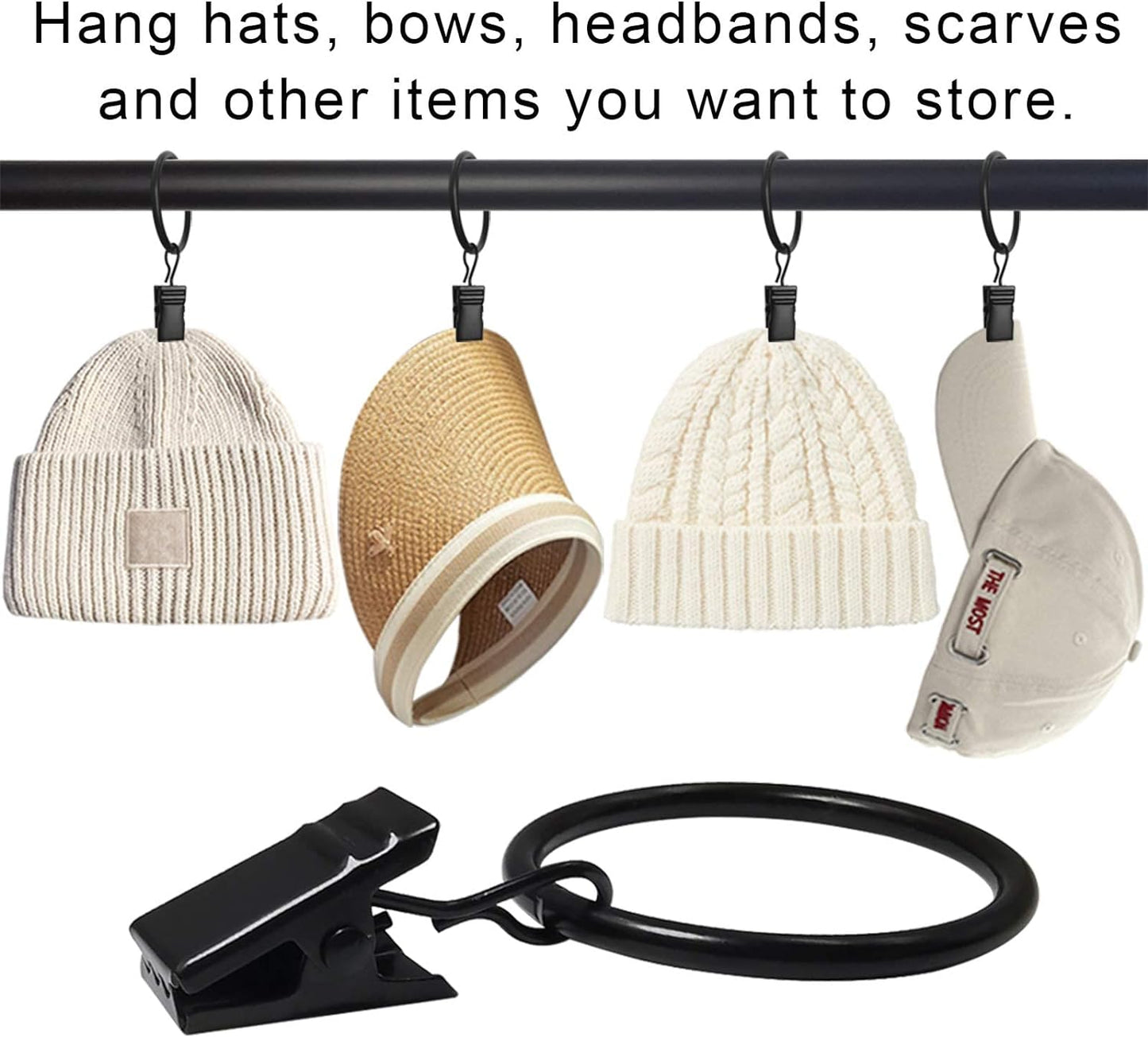 90 Pack Curtain Rings with Clips, Drapery Clips with Rings, Drapes Rings 1.26 in Interior Diameter, Fits up to 1 in Curtain Rod, Black