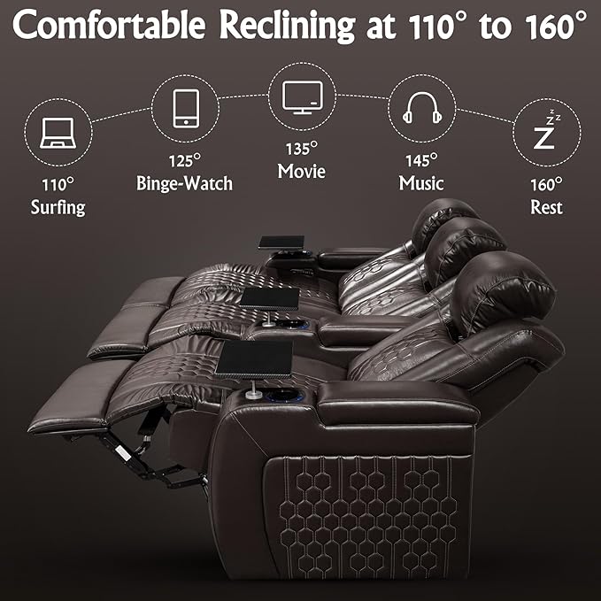 Home Theater Seating, Living Room, Powered Headrest, Powered Lumbar, Italian Leather, Powered Recline, Single Recliner (Coffee Color, Row of 3 Loveseat Left)