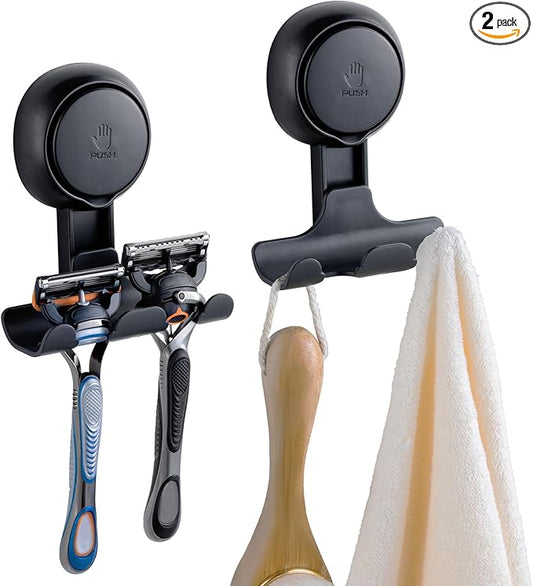 TAILI Suction Cup Razor Holder for Shower 2 Pack, Towel, Loofah, Shaver Holder for Shower Wall, Powerful Suction Cup Hooks for Inside Bathroom, Easy to Install and Reuse, Black