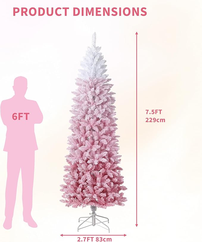 GarveeHome 7.5ft Snow Flocked Pencil Christmas Tree, Slim Artificial Christmas Tree with Sturdy Metal Stand, Skinny Xmas Tree Holiday Decoration for Home, Office, Pink Gradient