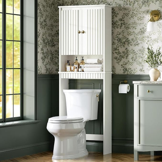 Over The Toilet Storage Cabinet, Over Toilet Bathroom Organizer with Fluted Panel Doors and Soft Hinges, Above Toilet Storage Shelves Behind Toilet Bathroom Organizer (White)