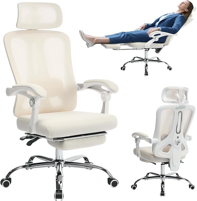 GarveeHome High Back Ergonomic Office Chair with Mesh Back, Retractable Footrest, Adjustable Headrest & Lumbar Support – Wide Computer Desk Chair with Wheels for Home Office or Bedroom, Beige