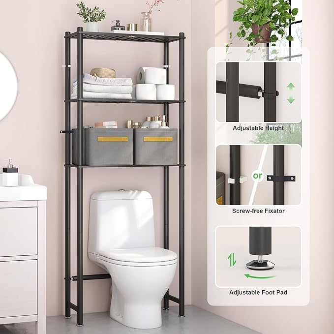 Over the Toilet Storage Cabinet Above Toilet Bathroom Organizer with Toilet Paper Holder Stand Bath Organizer with Adjustable Shelves & Acrylic Doors,Anti-Tip Device (Black, 3 Tiers)
