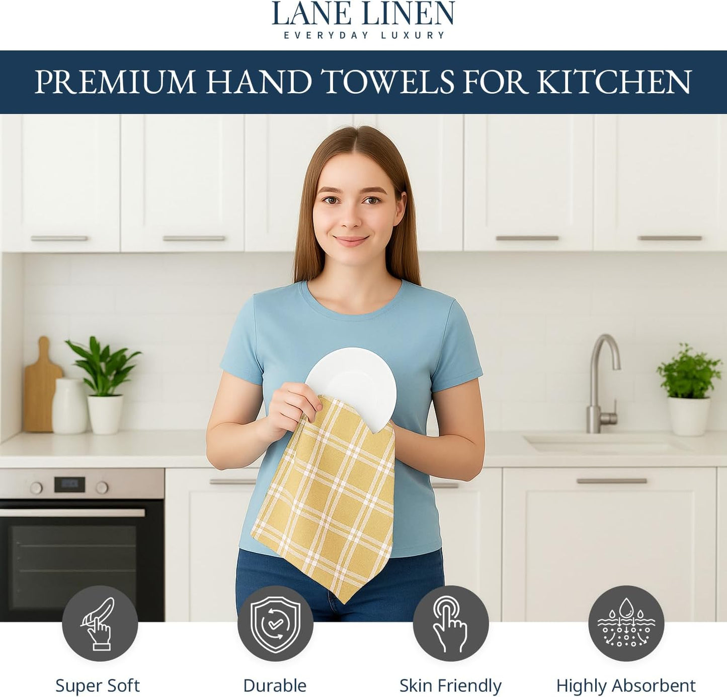 LANE LINEN Cotton Kitchen Towels Set, 4-Pack – Absorbent, Quick-Drying Dish Towels, 18" x 28" - Yellow
