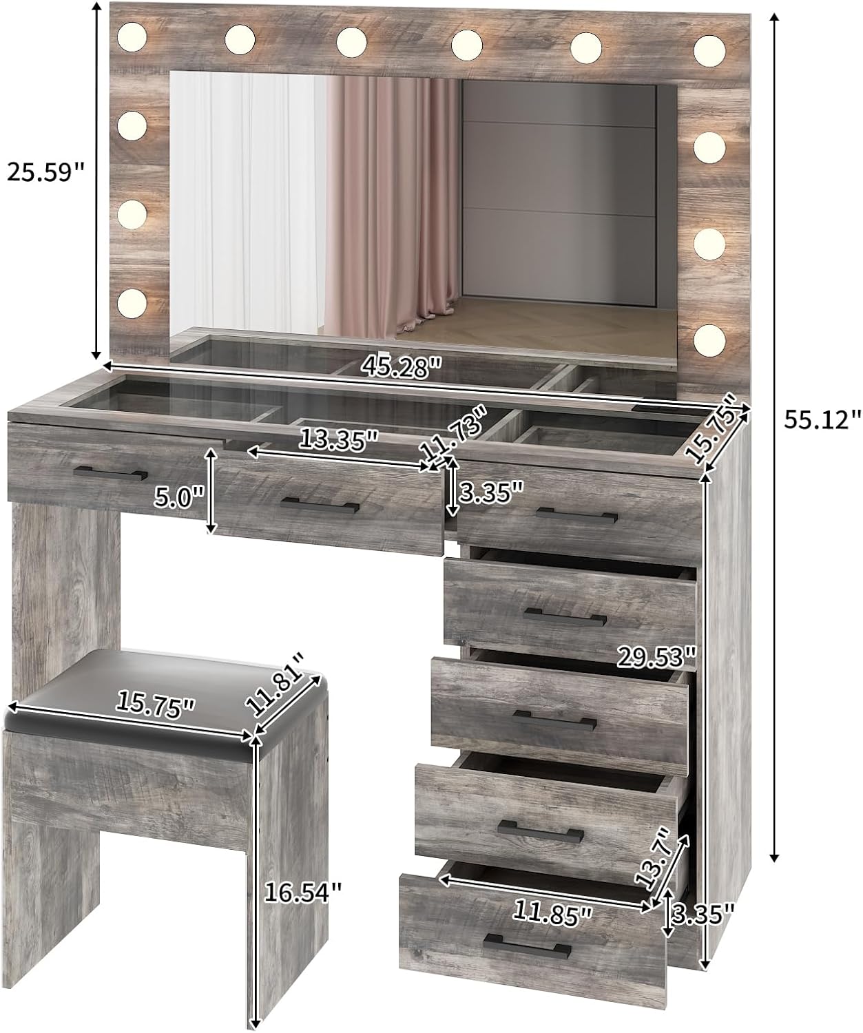 Karl home Vanity Desk with Large Lighted Mirror & Powre Outlet, Glass Tabletop Makeup Vanity Set with 7 Drawers, 45.3" Vanity Table with 3 Color Lighting Modes, Dressing Table for Women Girls, Gray