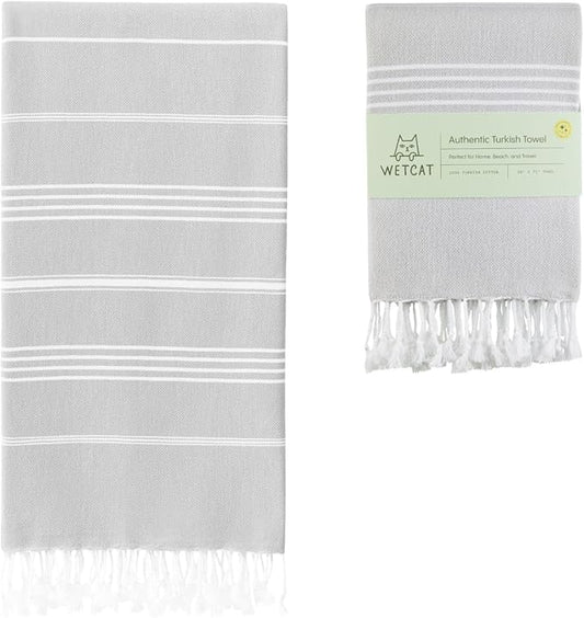 WETCAT Turkish Beach Towel Oversized (38"x71") 100% Turkish Cotton, Made in Turkey - Sand Free, Extra Large, Ultra Soft, Quick Drying, Compact & Lightweight for Travel - Light Grey
