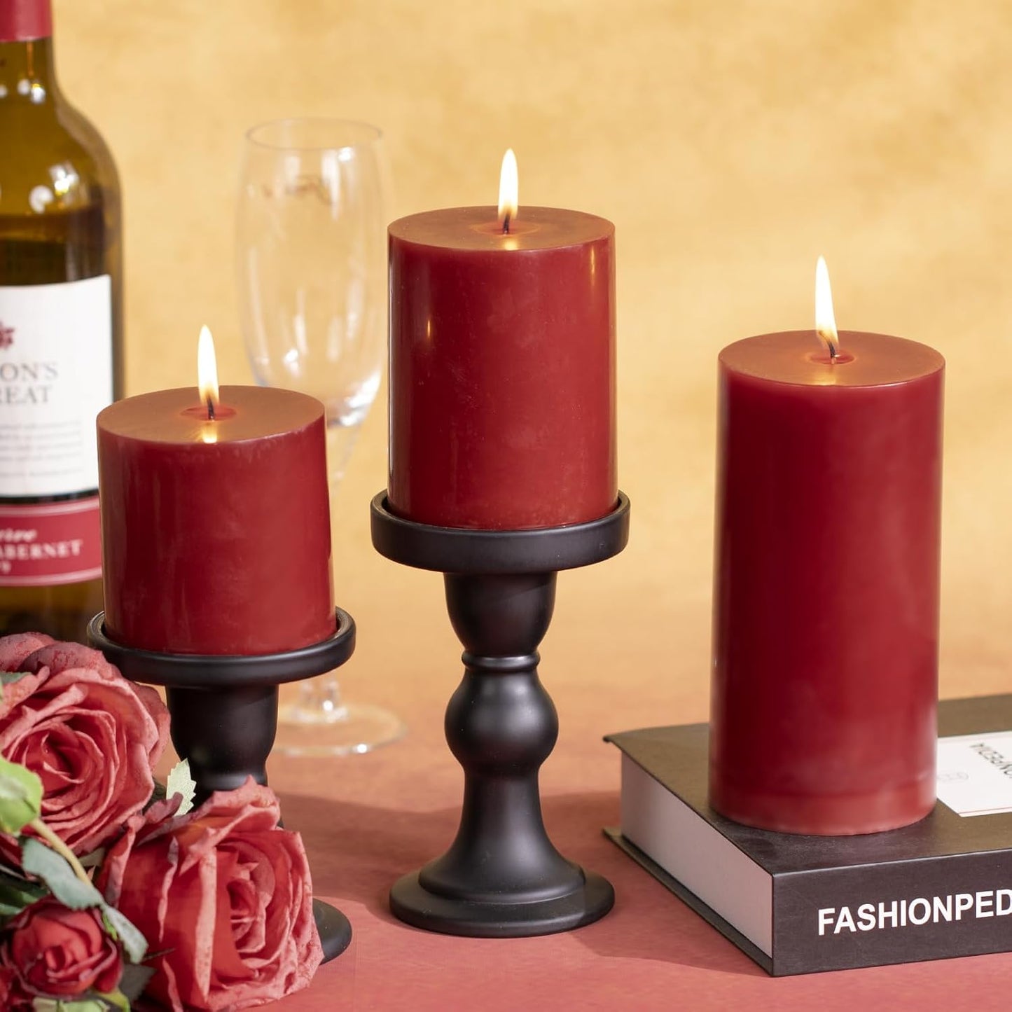 KONNI Dark Red Pillar Candles Set of 3, 3"x 6" Unscented Pillar Candles Bulk, 56 Hours Long Burning Candles, Smokeless&Dripless Large Round Candle for Wedding, Home Decoration, Parties, Spas, Dinner