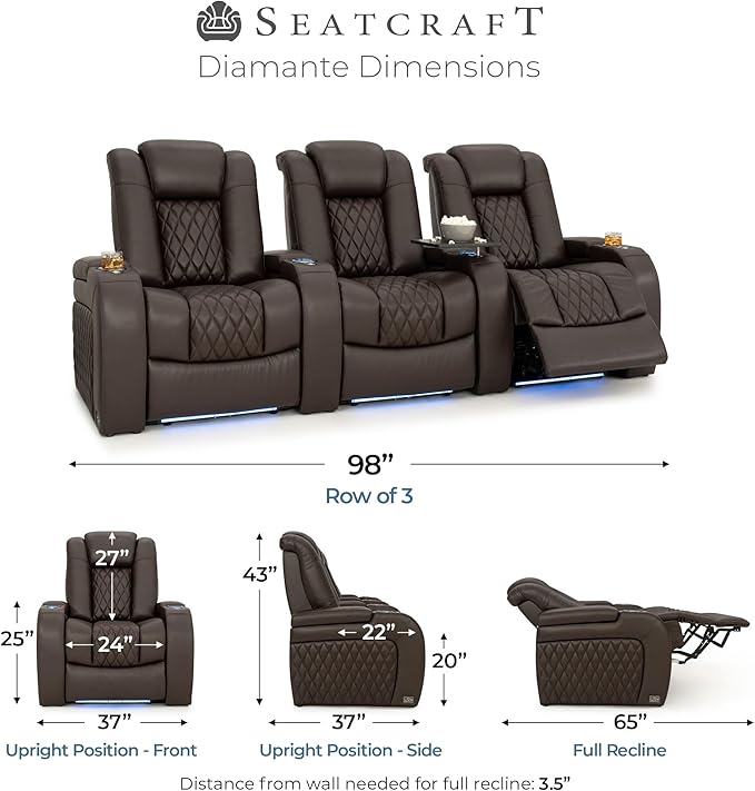 Seatcraft Diamante Zero-Gravity CoolZero Italian Leather Home Theater Seating, Power Headrest, Power Recline, Row of 3, Brown