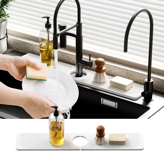 Faucet Mat for Kitchen Sink - 15.8" Super Absorbent Diatomite Stone Sink Tray - Quick Drying Stone Mat for Sink Area Splash Guard - White