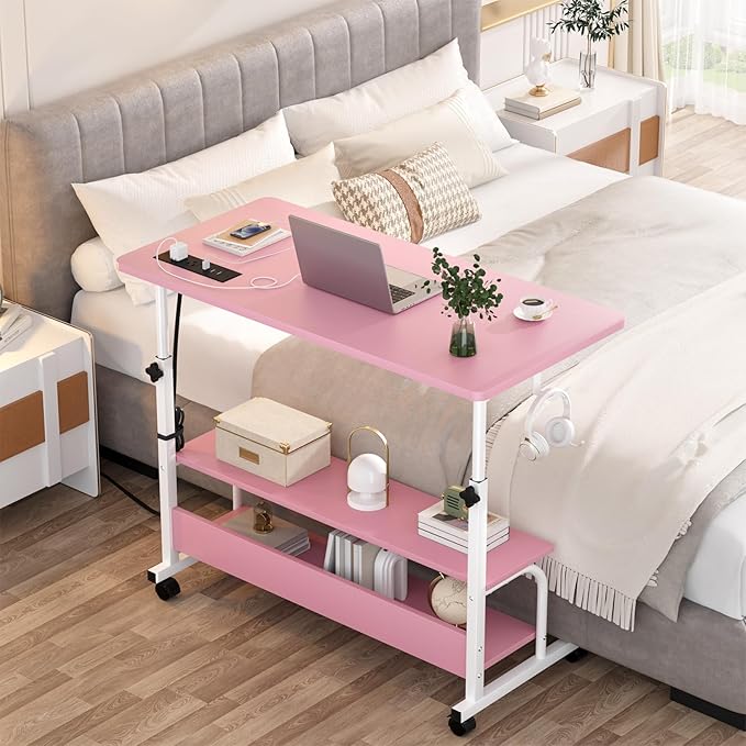 Armocity Height Adjustable Standing Desk with Power Outlets, 32" Manual Stand Up Desk with Storage Shelves Small Mobile Rolling Computer Desk Portable Laptop Table with Wheels for Home Office, Pink