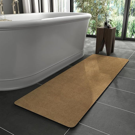 MontVoo -Bath Mat Rug-Rubber Backing Non Slip Quick Dry Absorbent Thin Bathroom Rugs Fit Under Door-Faux Suede Surface Bathroom Floor Mats-Shower Rug for in Front of Bathtub Shower Camel 17"x59"