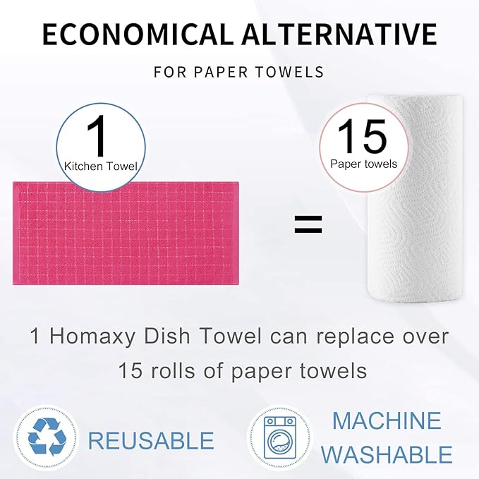 Homaxy 100% Cotton Terry Kitchen Towels(Rose Red, 13 x 28 inches), Checkered Designed, Soft and Super Absorbent Dish Towels, 8 Pack
