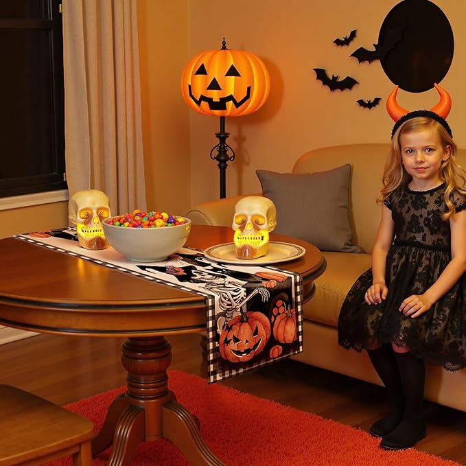 Halloween Table Runner with Spooky Skeletons, Black Cats & Pumpkins, Table Decoration for Dining Party and Home Decor,72x13 inches