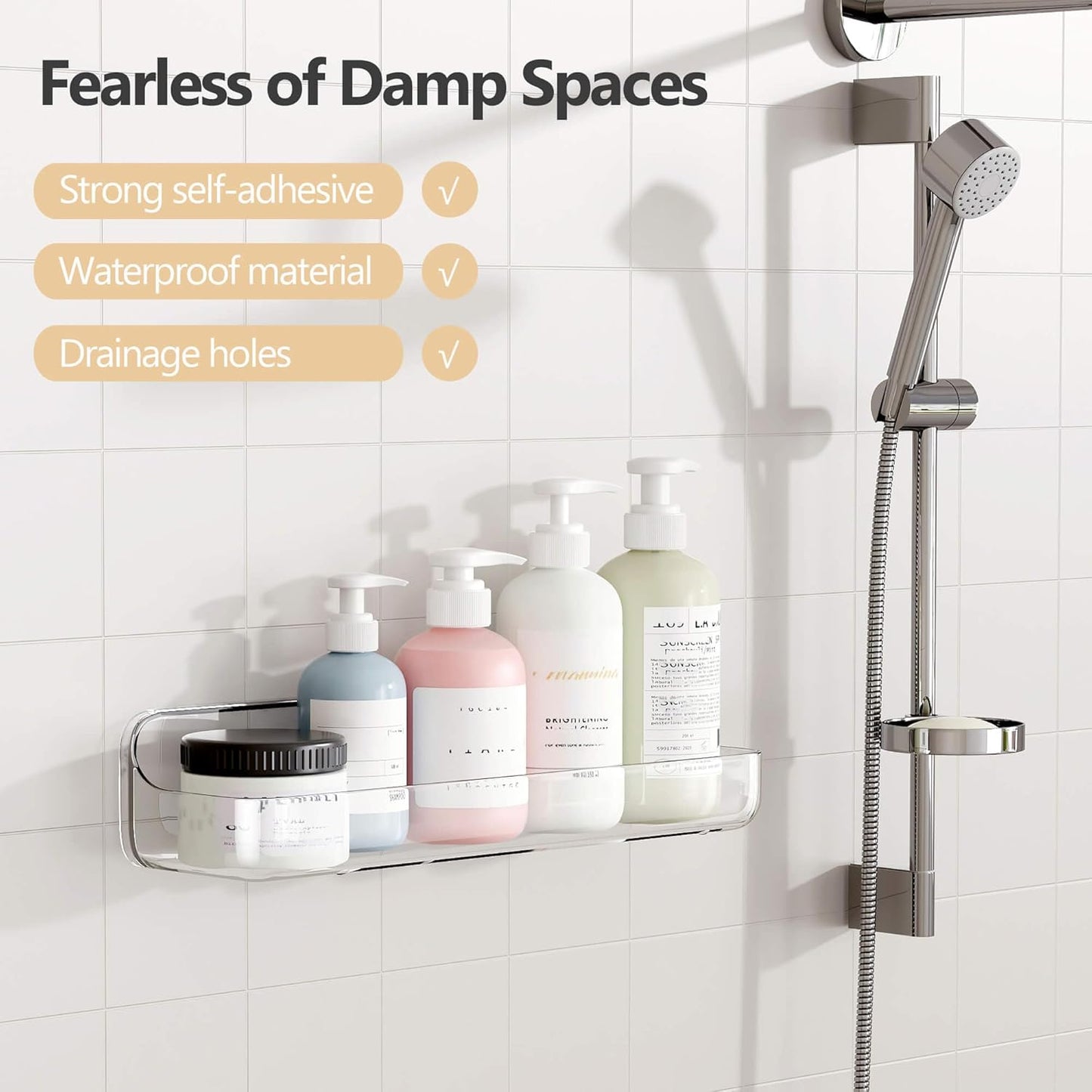 UDD Acrylic Shower Caddy Adhesive Shelf, Plastic Shower Organizer with Self Adhesive Tape, No Drilling Clear Wall Mount Shower Shelves for Bathroom Kitchen, Clear