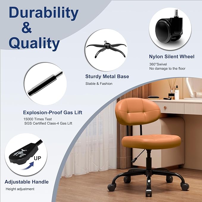 Misolant Vanity Chair with back, Small Armless Cute office Chair with wheels and Lumbar support, Comfy PU Leather Desk Computer Chairs with Adjustable Height, 360°Swivel for Home Bedroom Office, Brown