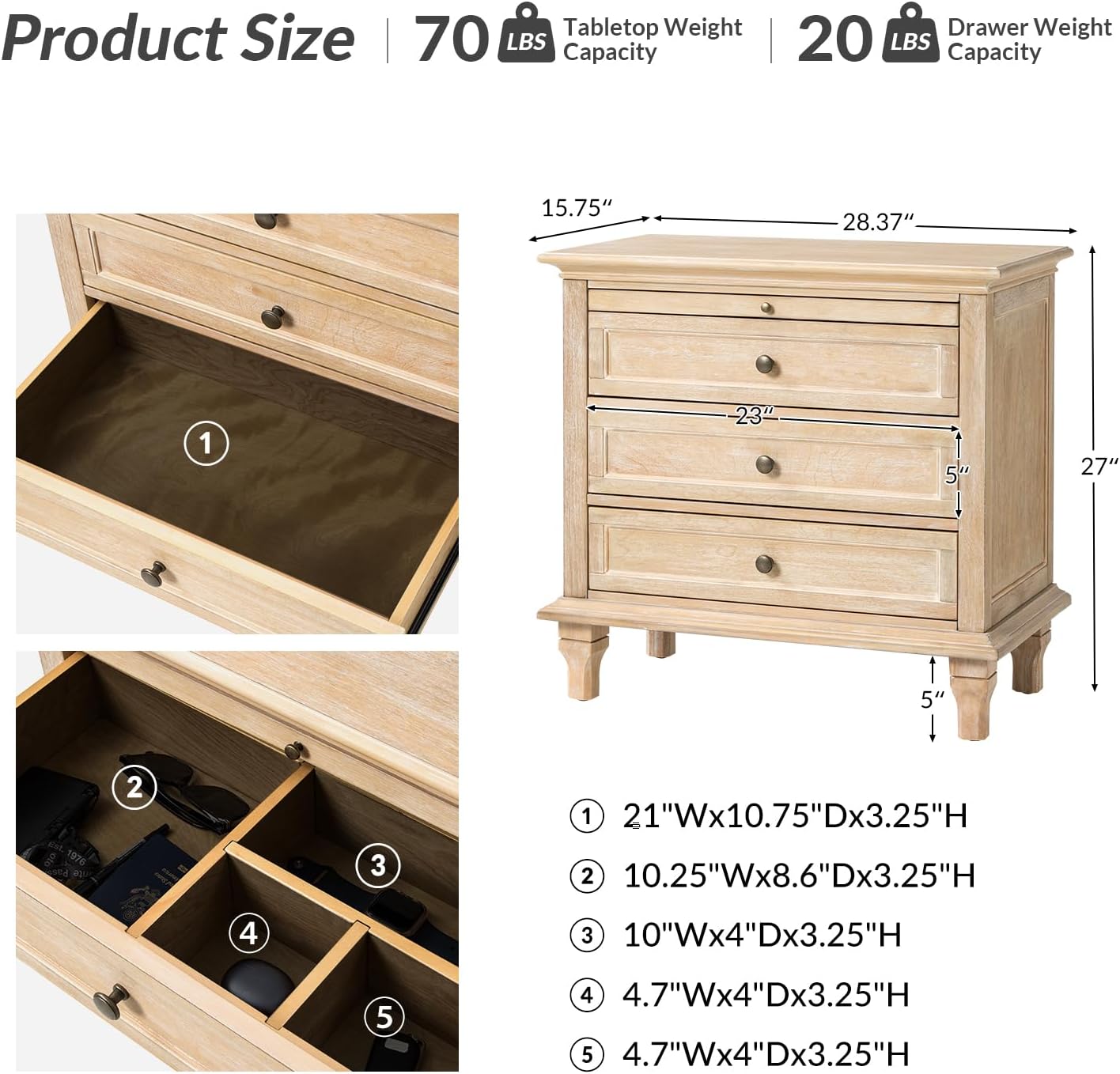 HULALA HOME Farmhouse 3 Drawer Nightstand with Tray, Drawer Organizer with Solid Wood Legs, Nightstand with Charging Station(Natural)