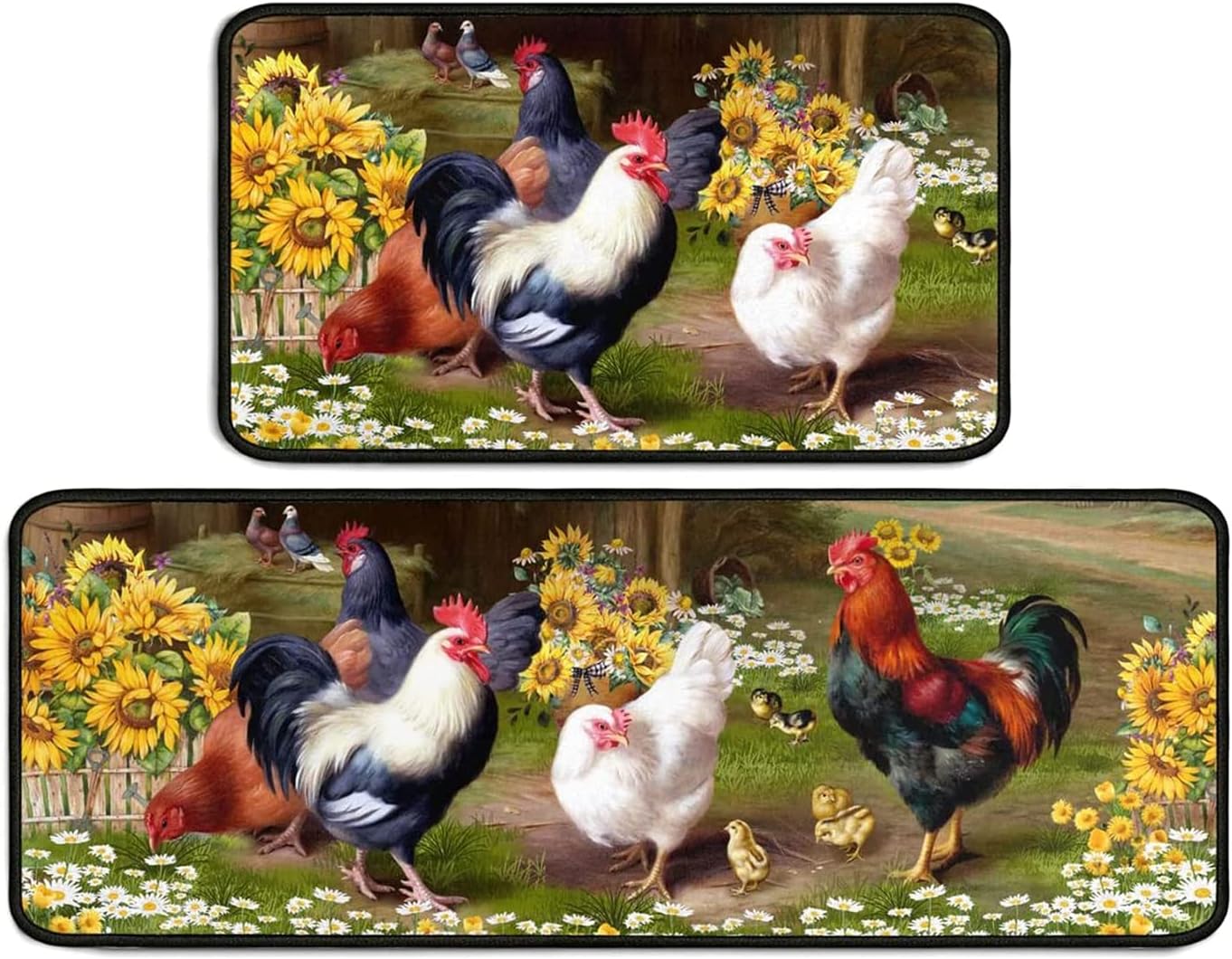 Rooster Kitchen Rug 2 Piece Set Sunflower Decor Kitchen Floor Mat, Microfiber Washable Runner Rugs, Farmhouse Chicken Decorations Kitchen Mats,17"x47"+17"x30"