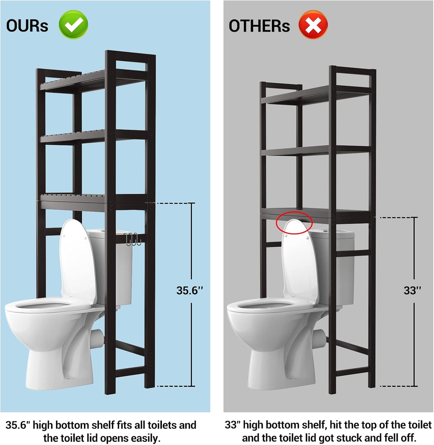 Homykic Over The Toilet Storage, Bamboo 3-Tier Over-The-Toilet Space Saver Organizer Rack, Stable Freestanding Above Toilet Stand with 3 Hooks for Bathroom, Restroom, Laundry, Espresso