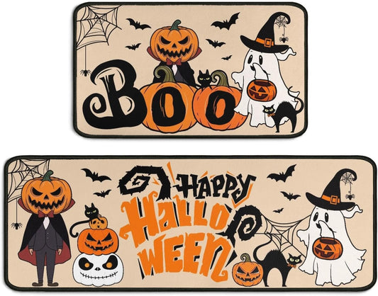 2 Piece Halloween Kitchen Decor Rugs Set,Cute Ghost Kitchen Rugs and Mats Non Skid Washable Absorbent Kitchen Accessories Decoration Floor Mats 17"x47"+17"x30"