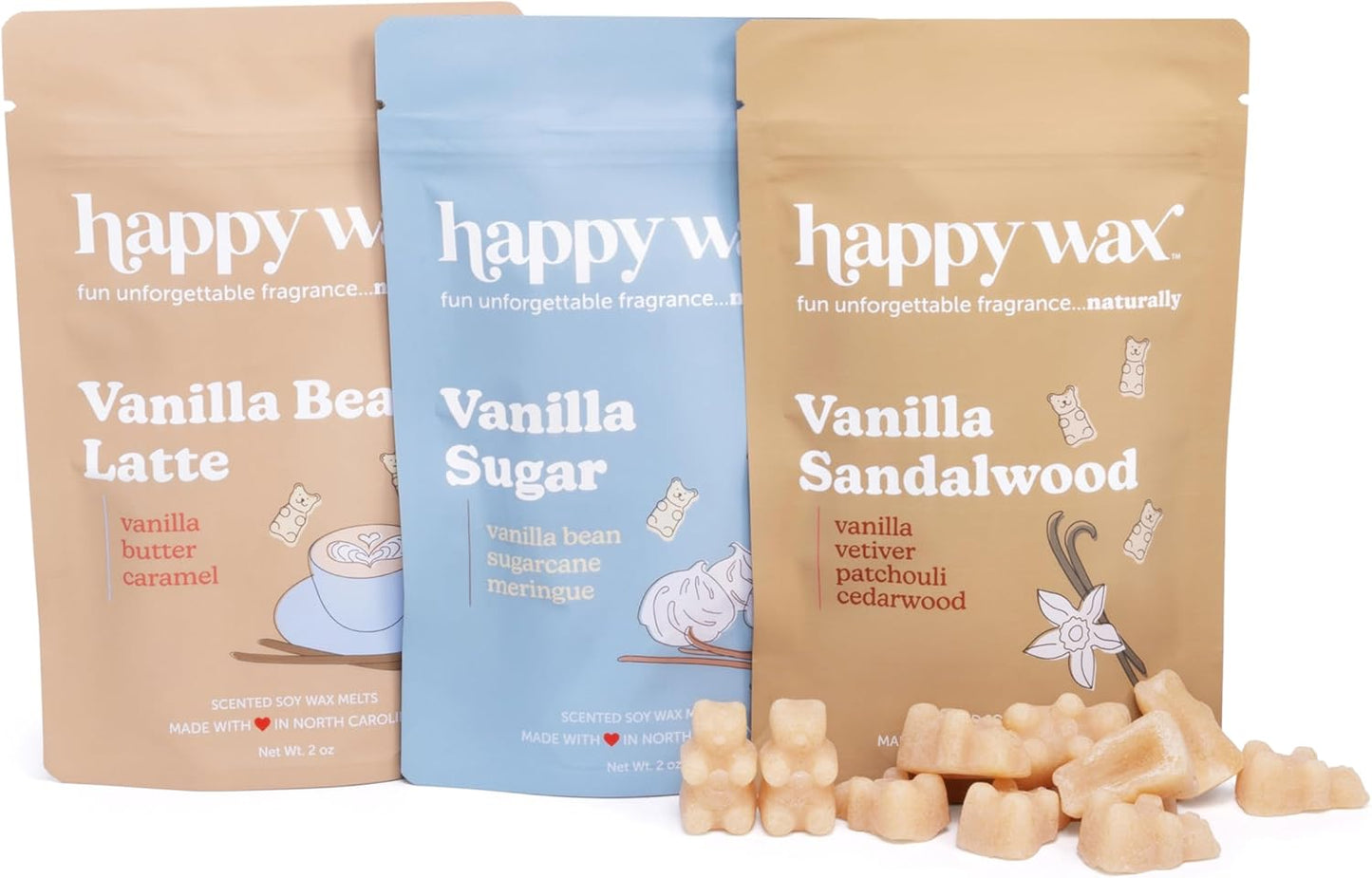 Happy Wax Vanilla Lovers Scented Natural Soy Wax Melts – 6 Oz Total - Includes: VanillaBeanLatte, VanillaSugar and VanillaSandalwood