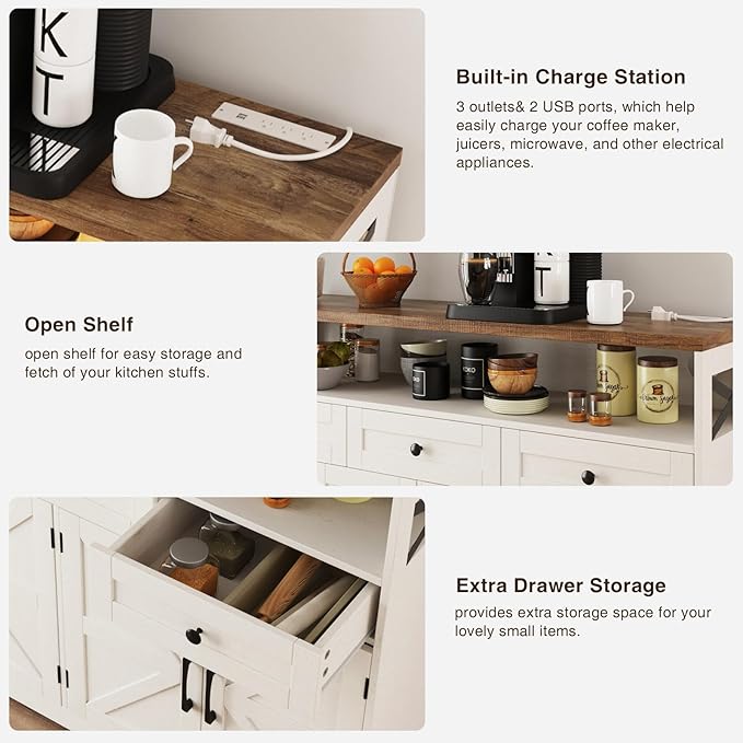51" Farmhouse Buffet Sideboard Cabinet with Storage, White Kitchen Storage Pantry Cabinet with Drawers, Wood Cupboard Hutch, Coffee Bar Station Table for Kitchen, Living Room, Dining Room