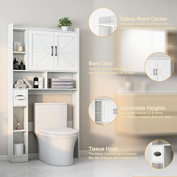 Over The Toilet Storage Cabinet, Farmhouse Storage Cabinet Over Toilet with 2 Barn Door & Toilet Paper Holder Stand, Home Space-Saving Rack, for Bathroom, Restroom (White).