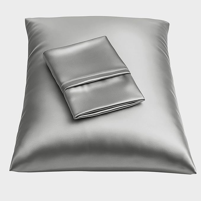 Satin Pillowcase with Zipper, for Hair and Skin Care, Feels Soft and Cool Like a Silk Pillowcase, Satin Pillow Cases 2 Pack, Slik Pillow Cover, Grey, King Size, Set of 2
