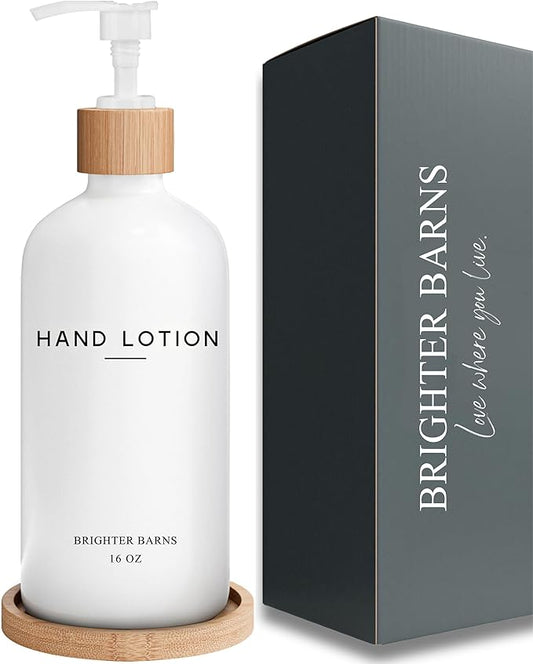 White Glass Lotion Dispenser with Pump Bathroom Set by Brighter Barns - Hand Lotion Dispenser with Tray - Modern Bathroom Decor - Boho Bedroom Decor for Housewarming Gift, Airbnb, Hotel (White)