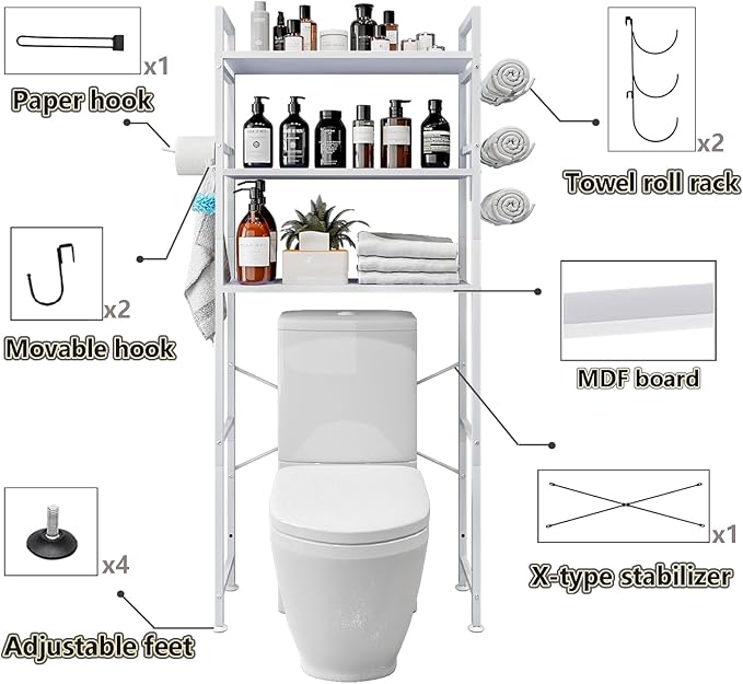 Over The Toilet Storage Rack 3 Tier Bathroom Organizer Shelf Over Toilet Freestanding Space Saver Toilet Stands with 10 Hooks Multifunctional (White)