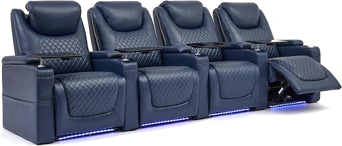 Home Theater Seating Seats, Theater Recliner Chair Sofa Game Movie Theater Chairs with 7 Colors Ambient Lighting, Lumbar Pillow, Side Pocket, Tray Table, Power Recline,Blue