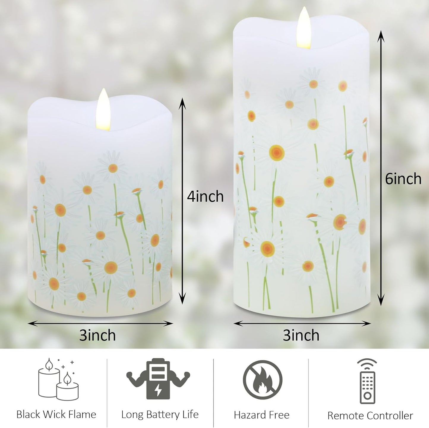 Eywamage White Floral Flameless Pillar Candles with Remote, Flickering Spring Daisy Battery LED Candles Set of 2