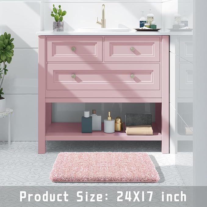 Yimobra Light Pink and White Bathroom Rugs Non Slip Washable 24x17, Ultra Soft and Water Absorbent Bath Mats, Plush Fluffy Shower Mat Outside, Microfiber Thick Matts for Bathroom Floor/Sink