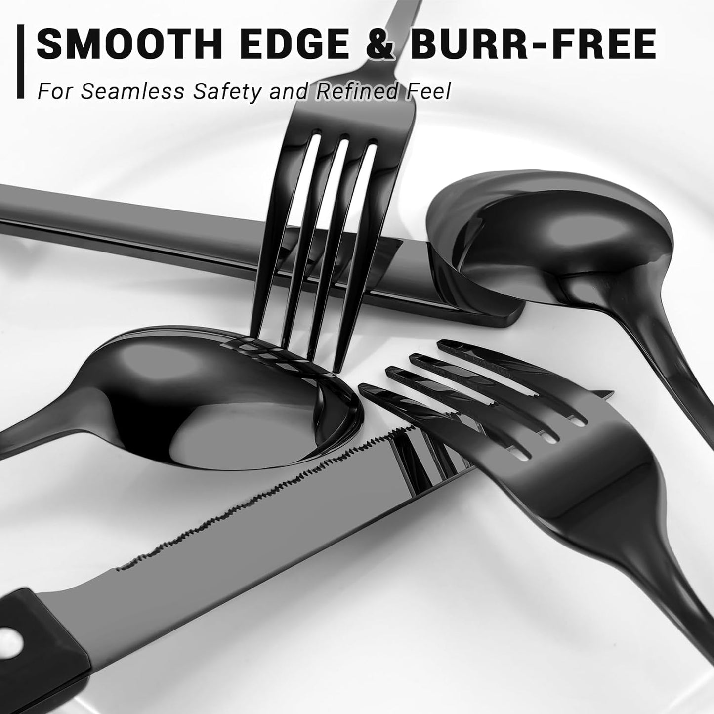 BEWOS 48-Pieces Black Silverware Set for 8 - Stainless Steel Flatware Set with Mirror Polish, Black Silverware Set Including Steak Knives, Forks and Spoons, Dishwasher Safe for Restaurant