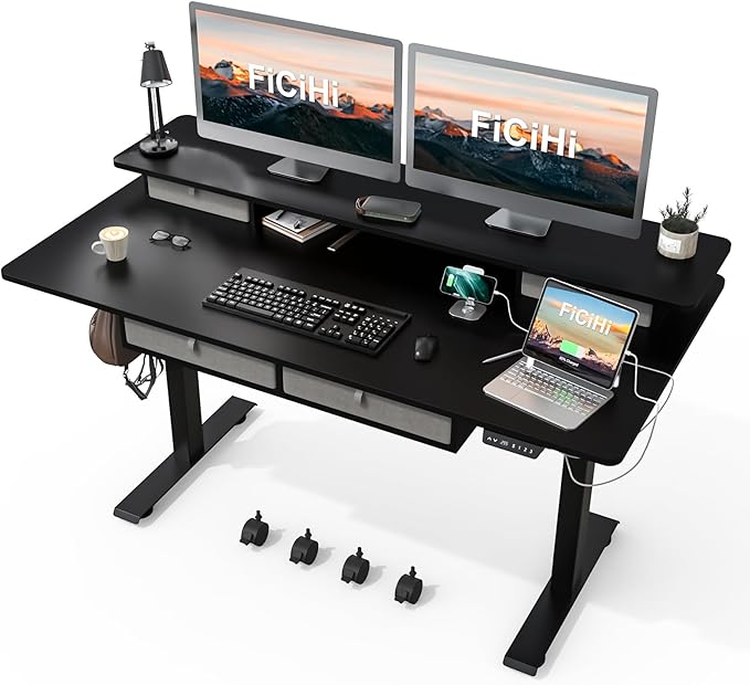 Adjustable Height Standing Desk with 4 Drawers & Wheels,63 x 30 inches Electric Sit Stand Home Office Desk with Two Tiers, 3 Memory Presets, Monitor Stand Riser, USB A/C Charging Port