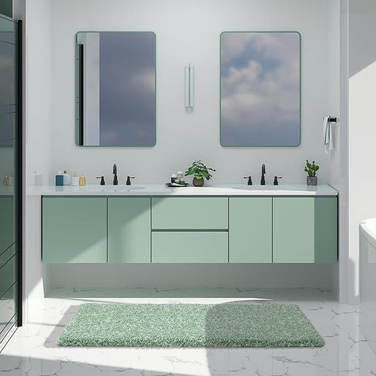 Yimobra Luxury Bathroom Rugs, Fluffy Bath Mats, Non Slip, Water Absorbent Microfiber, Machine Washable, Plush Runner Shower Rugs, Thick Matts for Bathroom Floor&Tub, 60"x 24", Light Green and White
