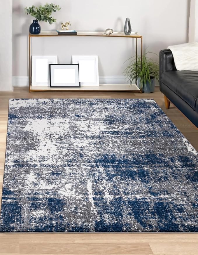 Keen Home Design Area Rugs - 5x8 Non-Shedding, Abstract Rugs for Kitchen, Living Room, Bedroom, Dining Room, Entryway - Size: 5'3" x 7'7", Navy/Grey/White